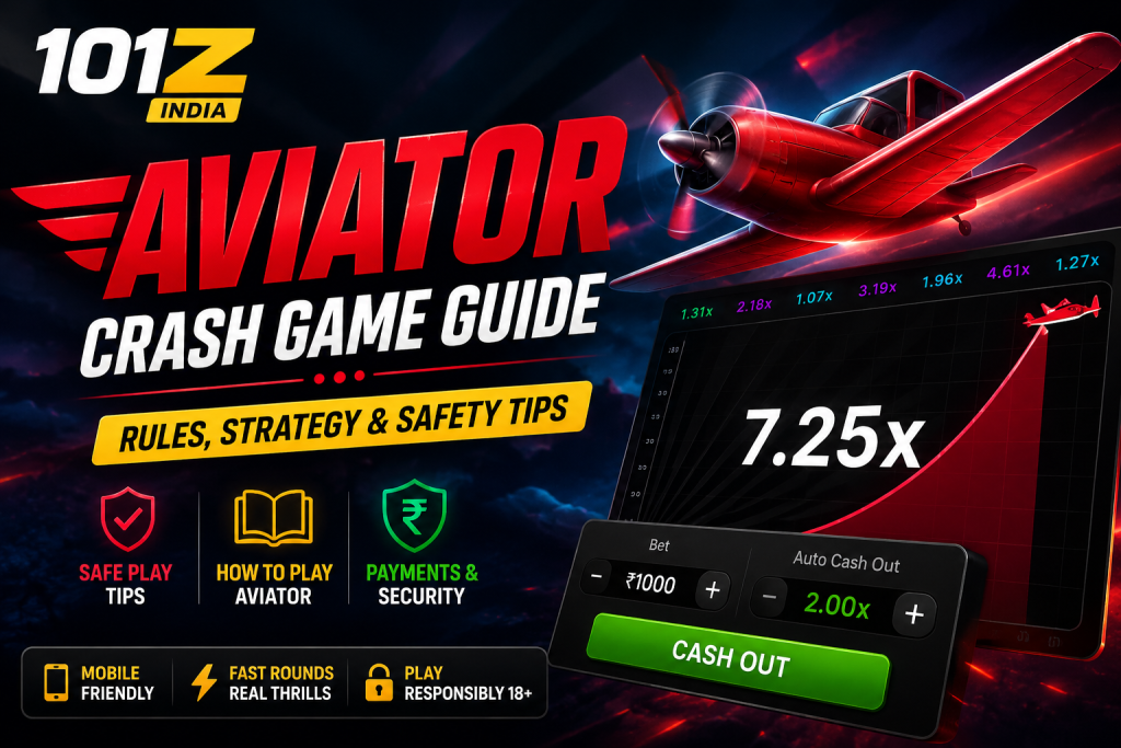 101z India Aviator crash game guide banner with red airplane, multiplier chart, mobile cash-out panel, safety icons and responsible play 18+ message.